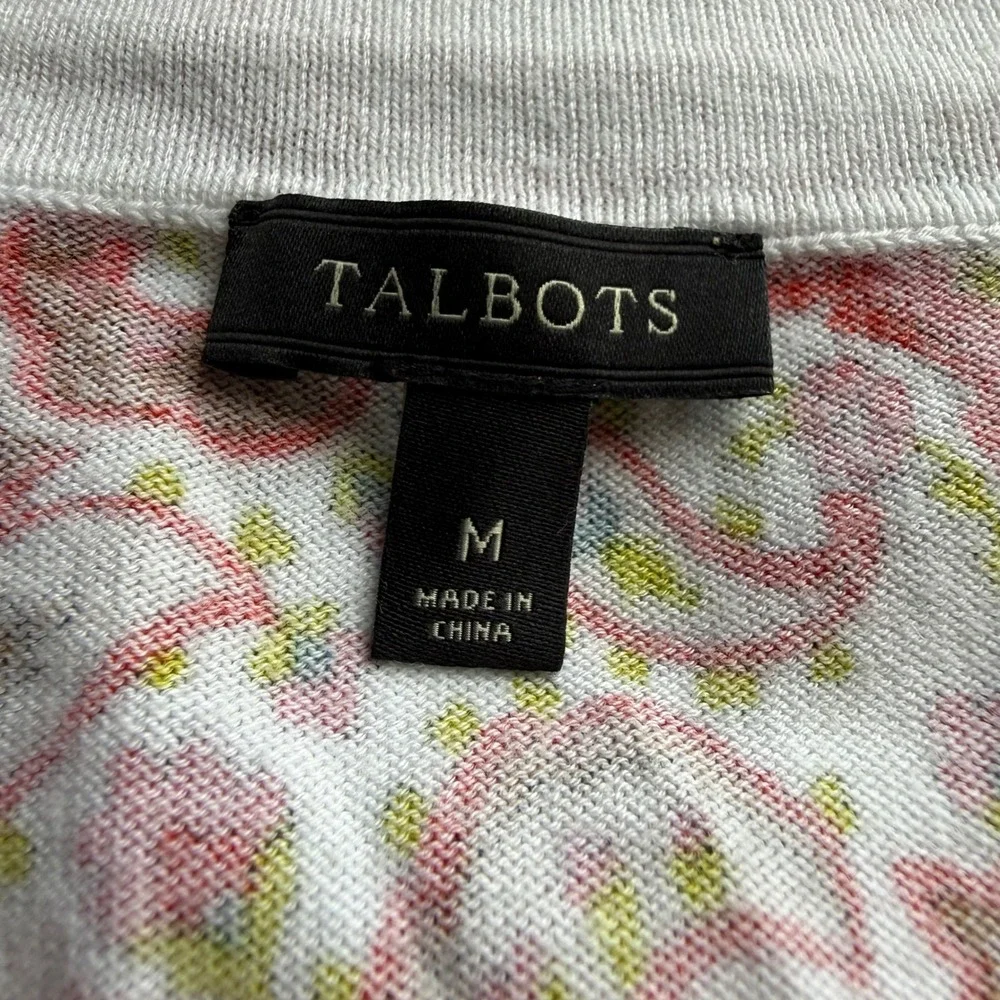 Talbots Womens Red Paisley Button Front Cardigan Sweater Size M 3/4 Sleeve